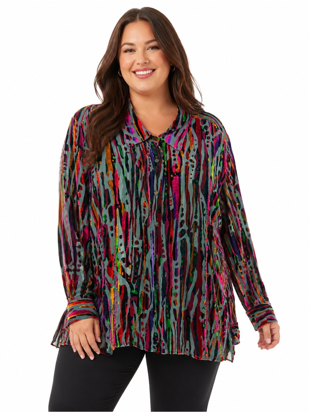 Bob Mackie Wearable Art Velvet Burnout Blouse Multicolor Silk Rayon 3X